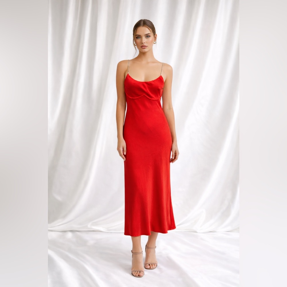 Red Satin Open-Back Slip Dress w Rhinestone Straps – Size M